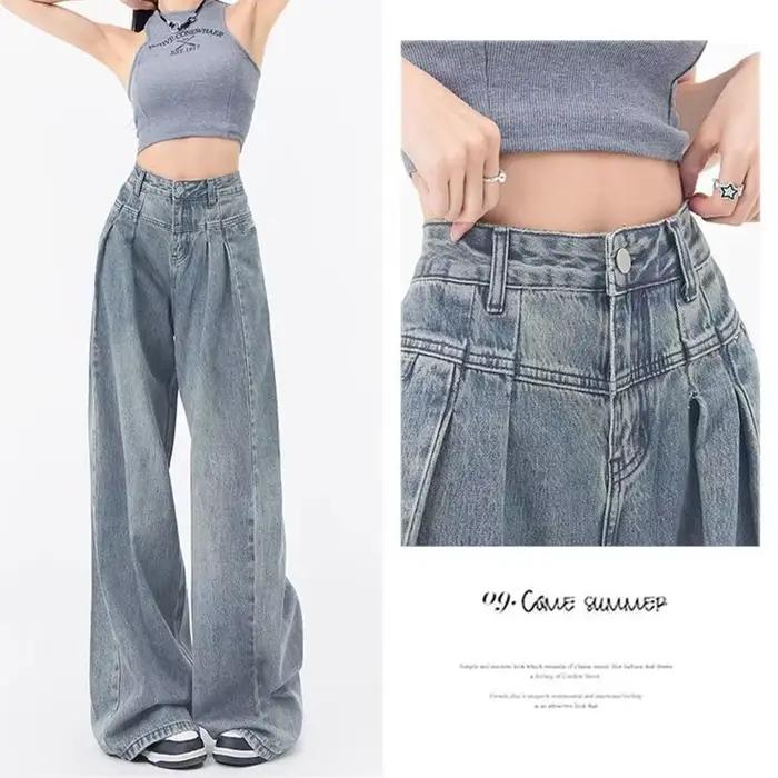 Jean taille haute à jambe large style américain pour femme