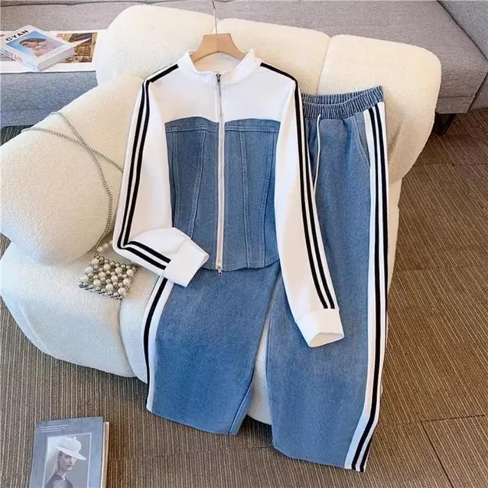 Femmes Denim 2 pièces ensemble rayé longue veste à lacets lavé en détresse jambe large pantalon automne femme 2025 Streetwear ensembles assortis