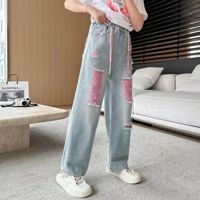 Mode enfant Y2K cordon jean pour Tweens fille détruit cassé Denim pantalon enfants adolescent déchiré