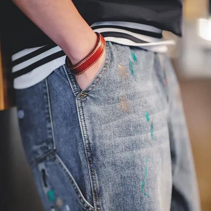 Maden Pantalon jeans masculin bleu clair avec peinture éclaboussée Graffiti