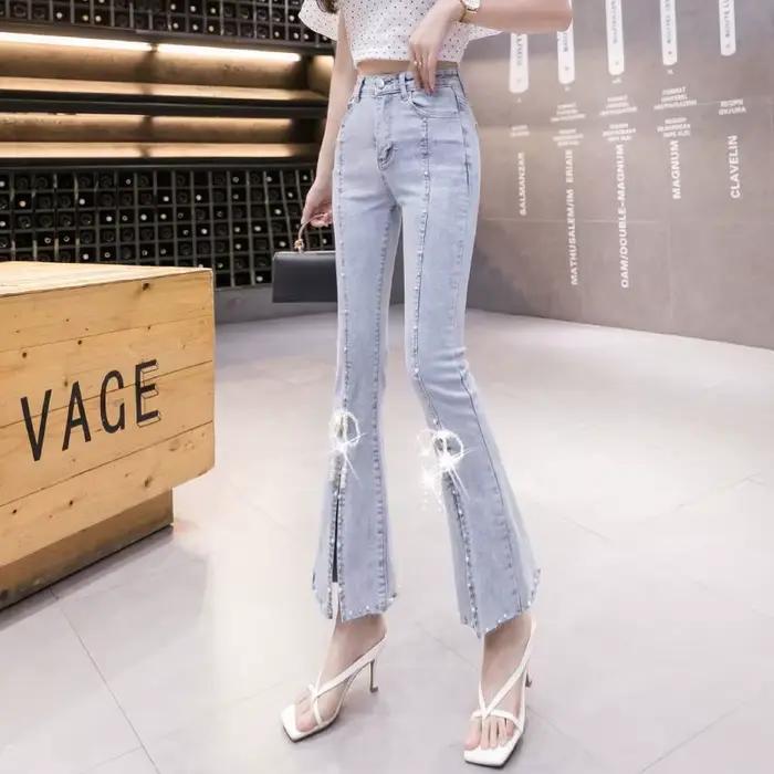 Jean Pipe avec Strass pour Femme Pantalon Court Slim Fentes en Dentelle Capris Bell Évasement Astronomique Occasions Spéciales