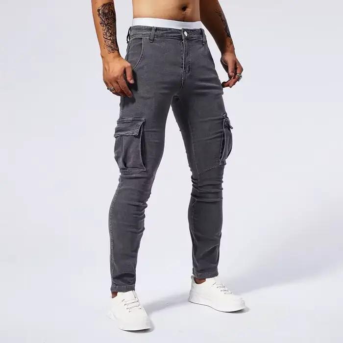 Slim Fit grande poche jean Cargo pantalon pour hommes à la mode décontracté Hip Hop Stretch Denim pantalons longs mâle