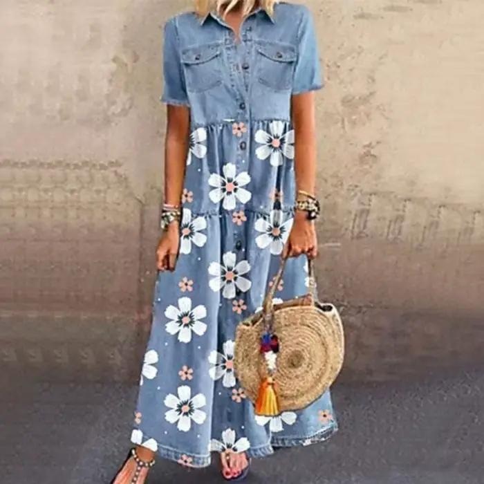Robe en denim à imprimé floral pour femme