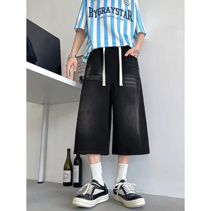 Coupe ample jean court élastique cordon taille Stretch Denim tenue décontracté confort hommes Baggy Denin pantalon