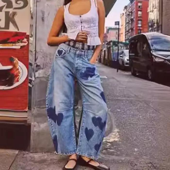 Jean femme imprimé pantalon Long décontracté ample Denim bleu maman coeur taille moyenne jambe large pantalon poche bouton Y2k épissure 2025