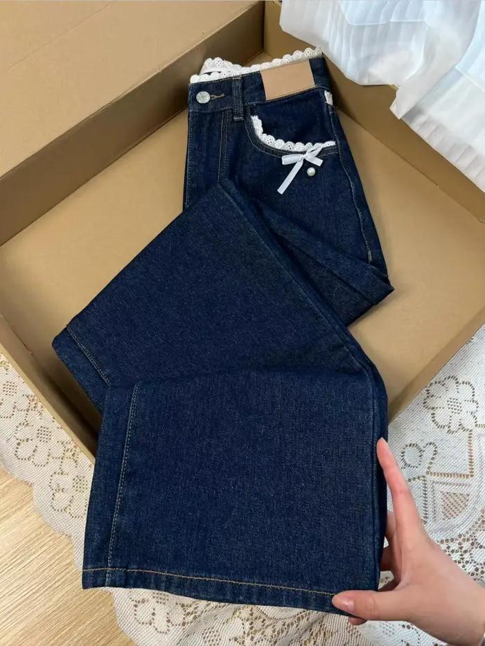 Nouveau produit été 2026 : Jean droit ample pour femme avec taille en dentelle