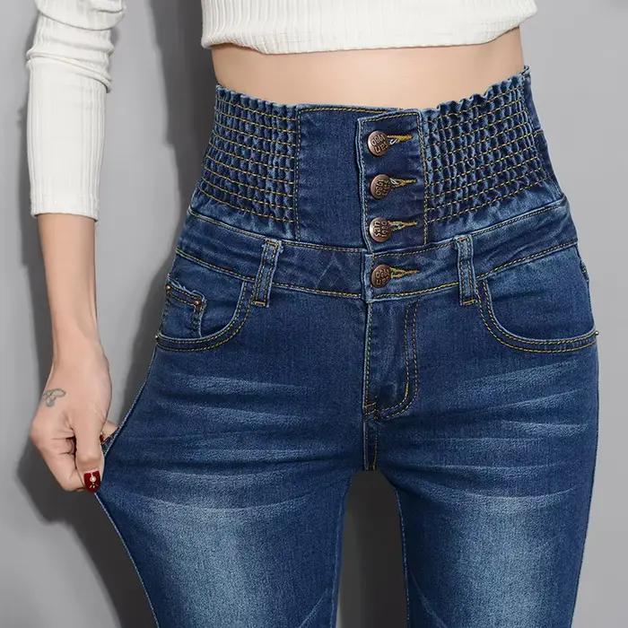 Pantalon en denim taille haute pour femme jean skinny chaud style bureau dame automne hiver grande taille résistant confortable