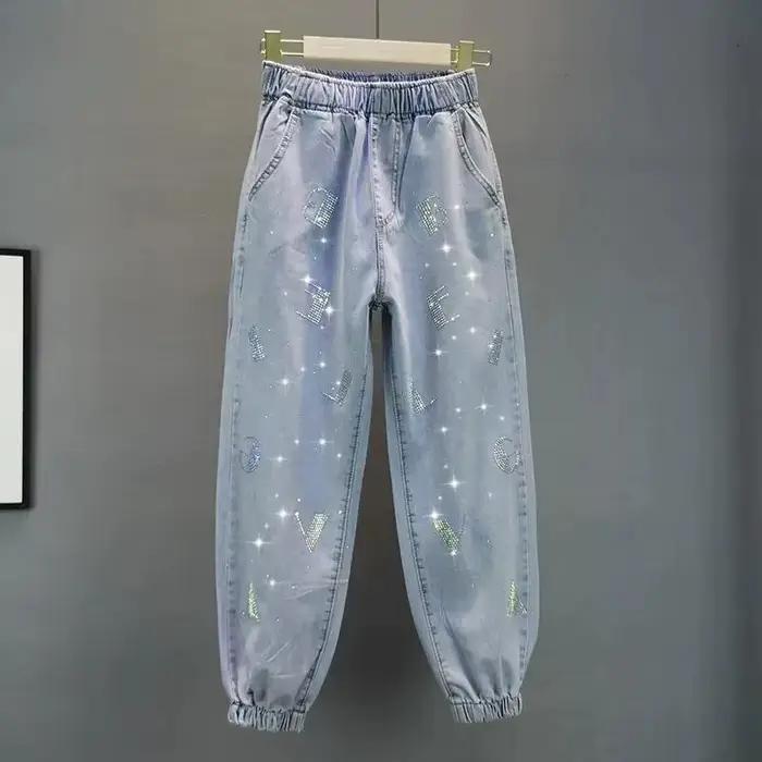 Jean en Denim Vintage Bleu Clair avec Strass pour Femme