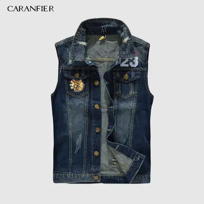 CARANFIER Denim gilet hommes Punk Rock Rivet Cowboy noir jean