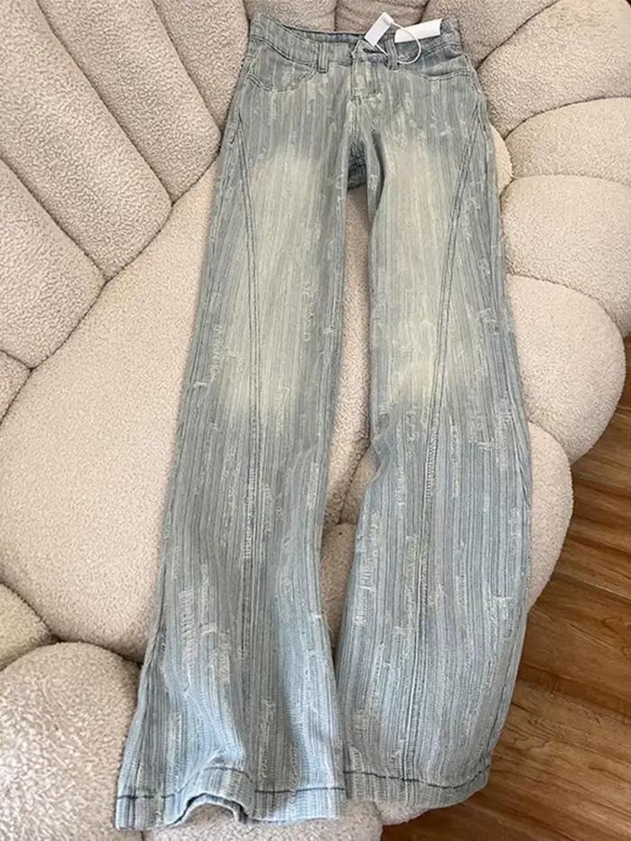 Jacquard ample femmes jean surdimensionné automne taille haute mode Flare Denim pantalon décontracté Simple Chic plissé