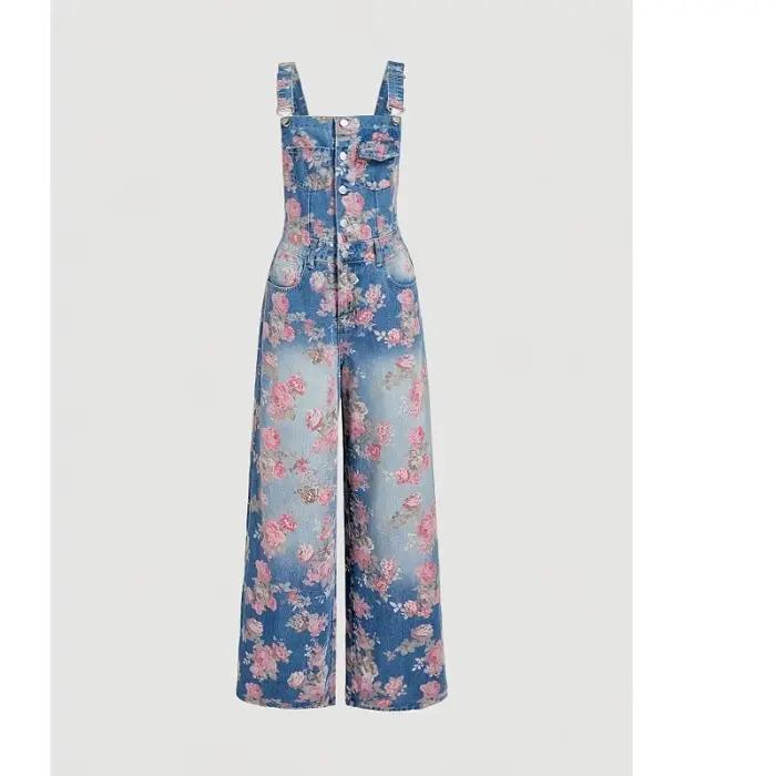 Salopette en jean vintage délavée à imprimé floral pour femme