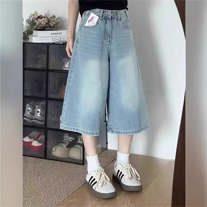 Jean droit taille haute bleu clair délavé pour femme