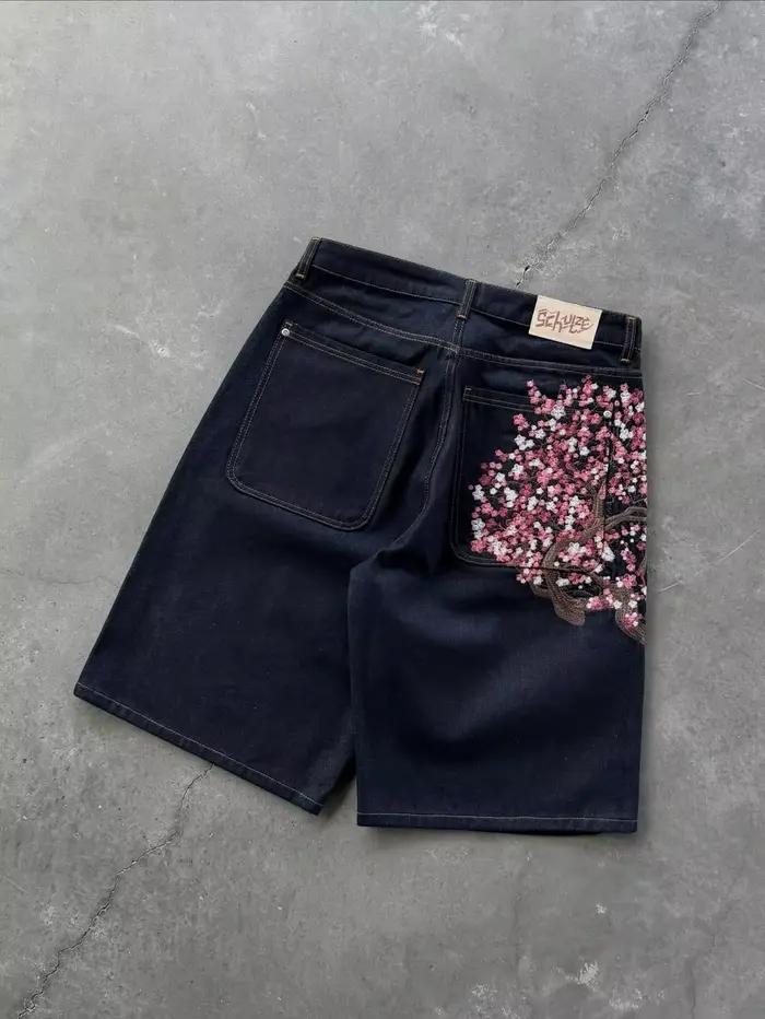 Shorts en jean brodés de dragons et de fleurs japonais pour hommes et couples