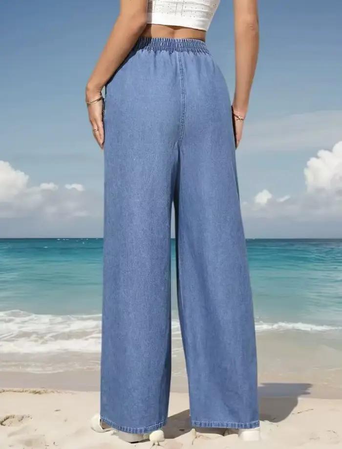 Jeans à jambes larges et taille élastique pour femmes
