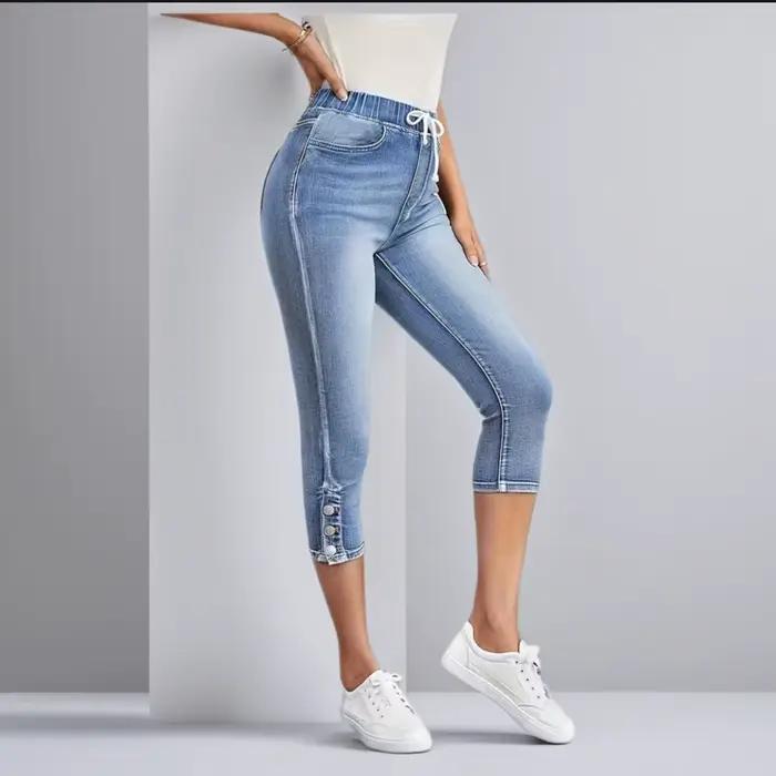 Nouveau Jean Capri Femme Été Style Européen et Américain Taille Élastique Coupe Ajustée en Denim Rétro