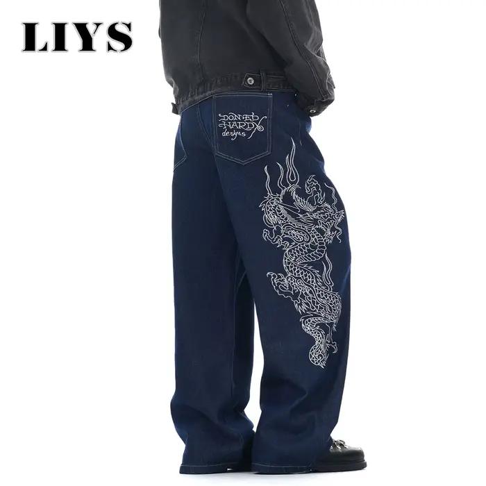 LIYS Nouveau Jean Baggy Bleu Brodé Dragon pour Homme