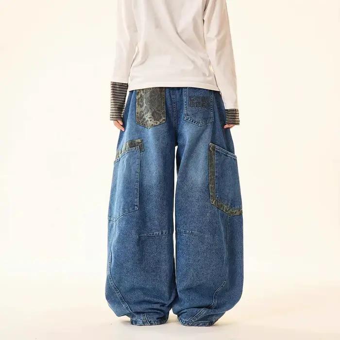 Pantalon large à jambes larges en jean à imprimé léopard rétro américain