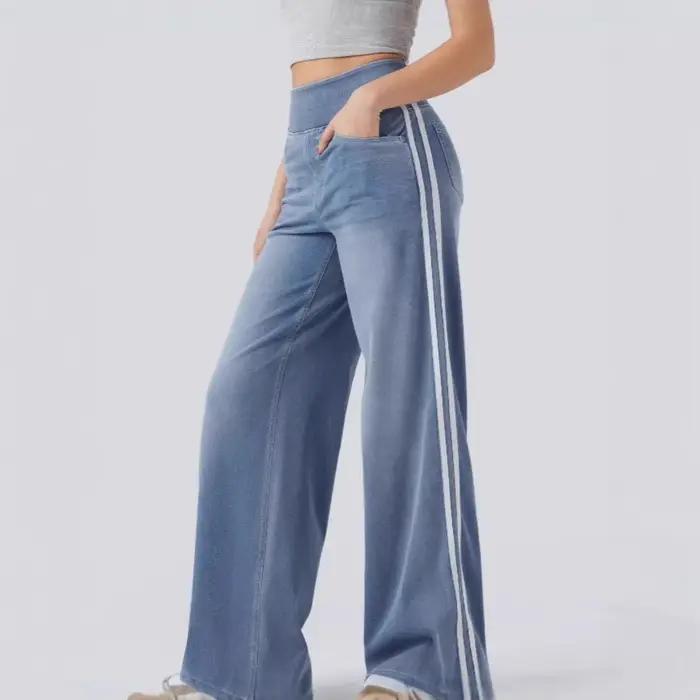Pantalon femme 2025 nouveau rétro délavé bleu côté rayé jean pour femmes haute rue ample et polyvalent jambe large