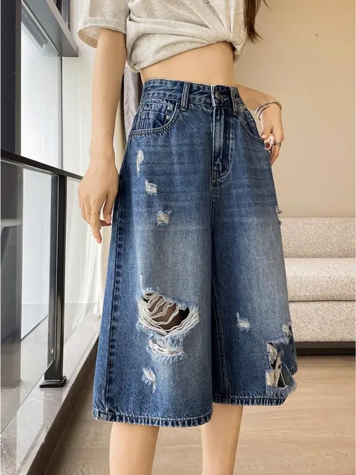 Jean Capri en Denim Déchiré Taille Haute pour Femme, Style Vintage Délavé, Coupe Ample Jambe Large, Jorts Y2K, Streetwear d'Été 2026, Pantalon Décontracté