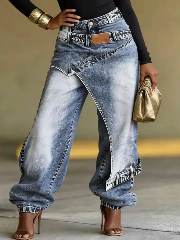 SHENGPALAE Jean large taille haute pour femme