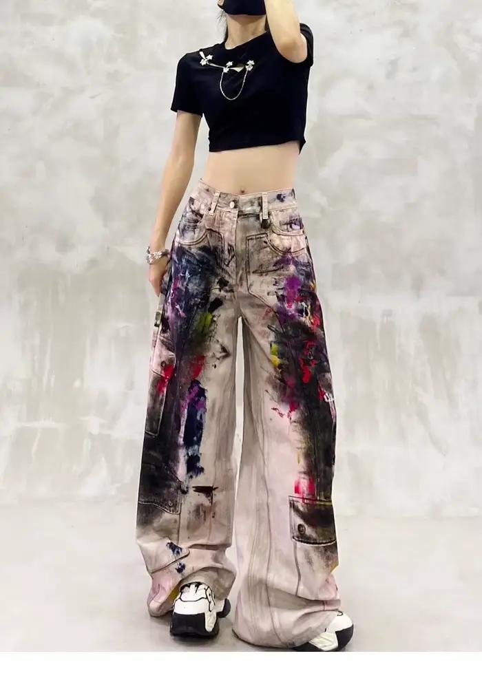 Y2k jean dames Cool peint Graffiti avec taille haute et coupe ample