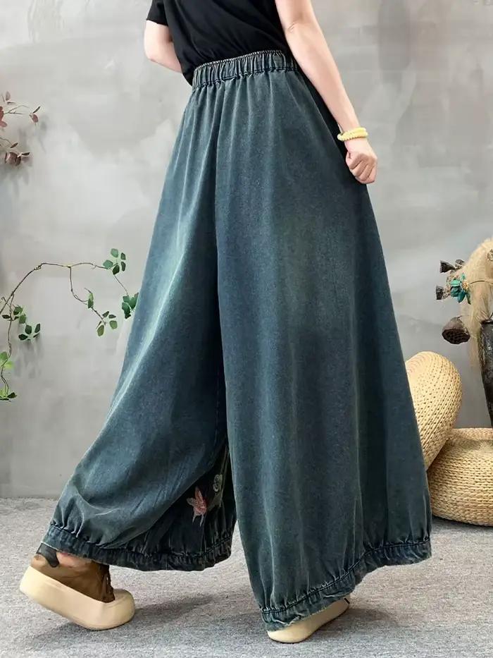Amax luluE été femmes mode jean à fleurs surdimensionné Denim pantalon dames ample décontracté Vintage broderie jambe large Pantalons