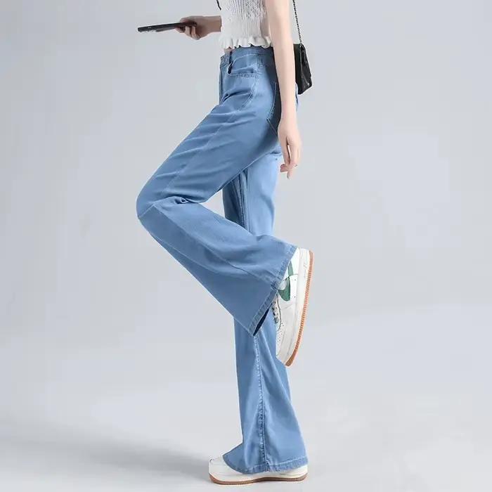 Loycell bleu ciel glace soie botte coupe pantalon 2025 été mode décontracté taille haute mince Simple polyvalent Micro évasé femmes jean