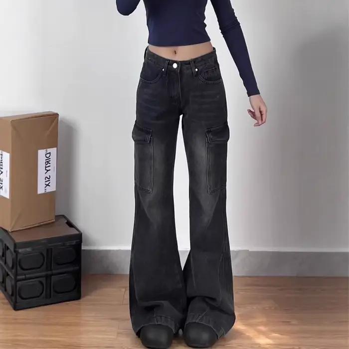 Jeans évasés à jambe large et taille basse pour femmes