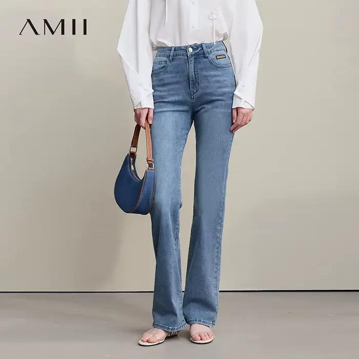 Amii jean évasé printemps 2026 nouveau Style de banlieue décontracté polyvalent femmes pantalon couleur unie Denim