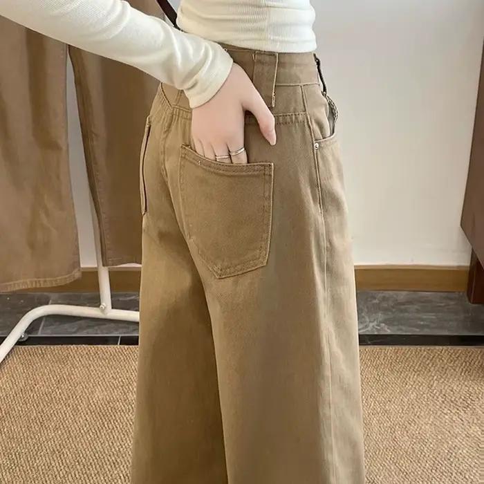 Jean large kaki pour femme, style rétro, taille basse, coupe ample, pantalon en denim uni décontracté pour femme
