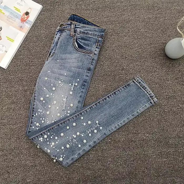 VWBQNZ perles clouées jean femmes printemps/été nouveau trou polyvalent rupture élastique maigre crayon pantalon femme