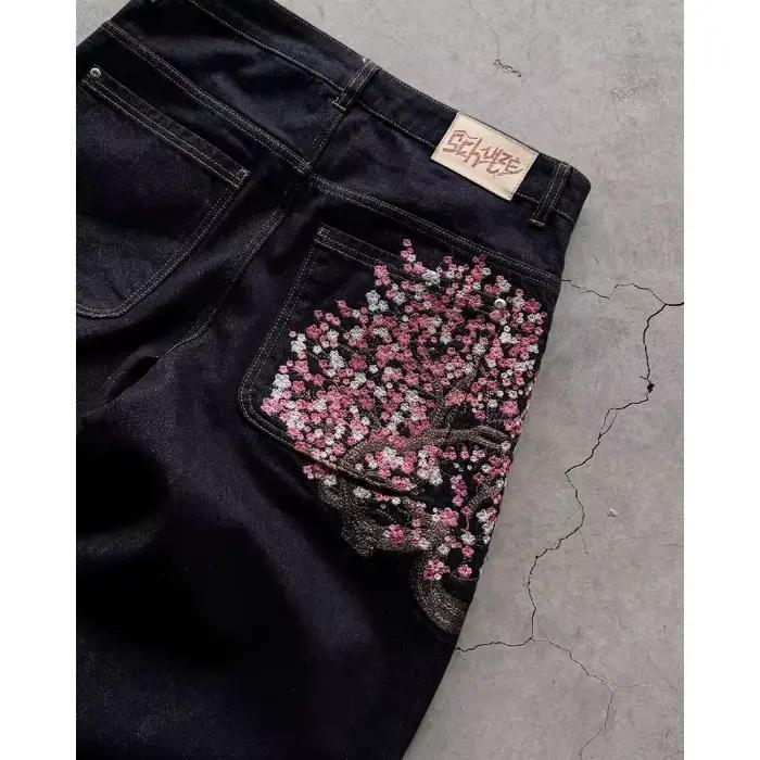 Pantalon Jean Sakura Brodé Personnalisé Mode de Rue Femmes Jambes Larges Multifonctionnels Toute Saison