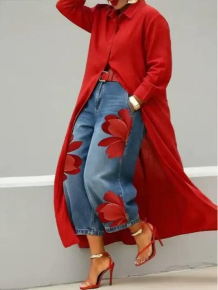 Jeans à imprimé floral pour femmes avec poches