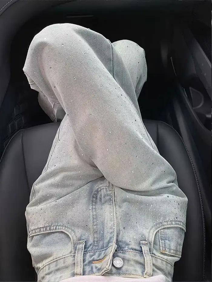 Jean large rose brillant effet diamant