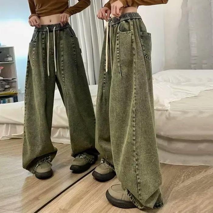 Jeans amples vintage unisexes avec taille élastique et poches profondes pour femmes, style décontracté, matériau polyester, adapté aux saisons automne-hiver, pour une utilisation polyvalente et élégante