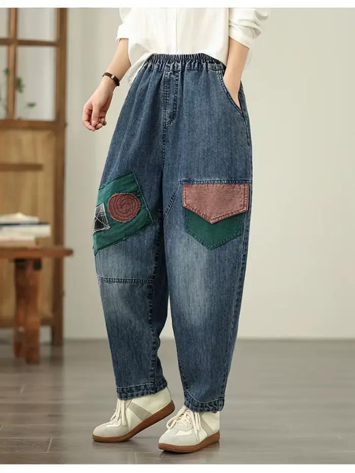 Surdimensionné printemps automne décontracté ample jean vintage patchwork nouveau