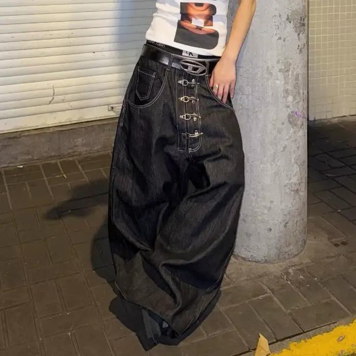 American Street Y2K boutonnage Design lavage jean à jambes larges femmes rétro Hip Hop pantalon ample Harajuku rue