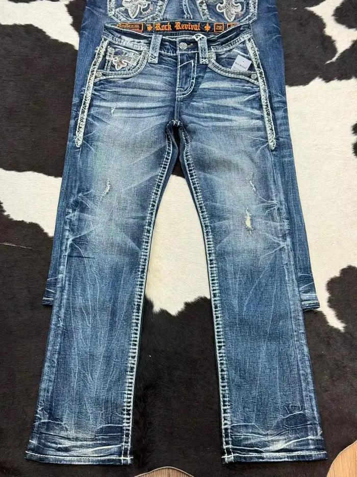 Y2K nouveau gothique bleu Denim broderie Harajuku pantalon large renaissance hommes jean feuillage Bootcut femmes poche Hip Hop Streetwear