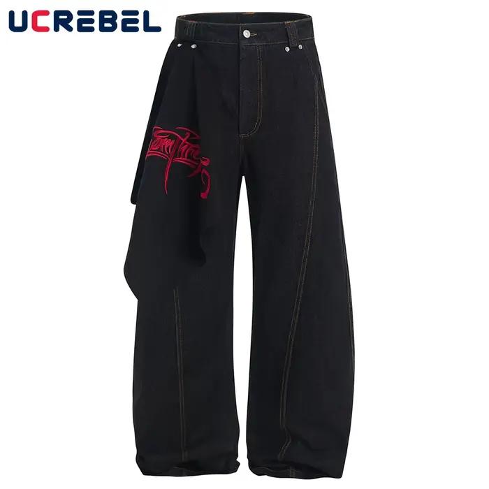 Lettre broderie jean hommes amovible Bandana Hip Hop haute rue ample jambe large Denim banane