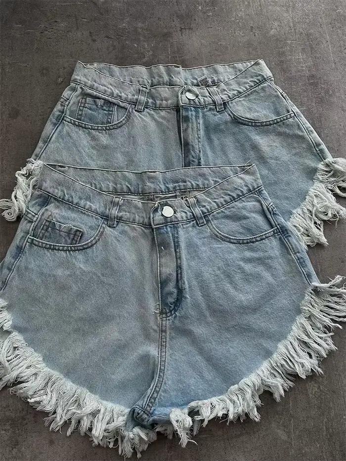 Jean court en Denim pour femme avec pompon