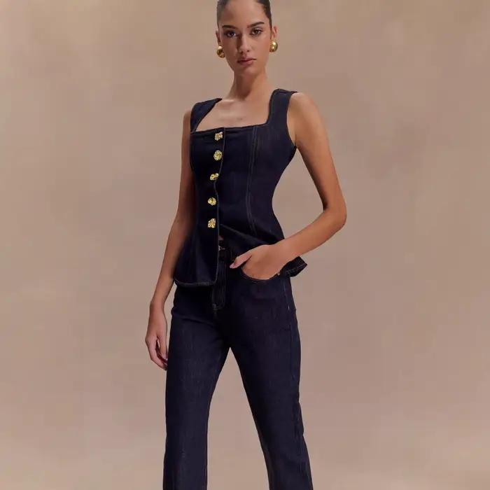 Ensemble Jean Taille Haute Boutonné et Haut Style Moderne pour Femme – Tenue Décontractée en Mélange Coton Polyester