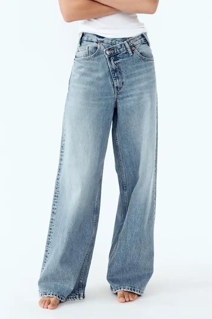 2025 nouveau jean femme taille haute jambe large coton droit Double boutonnage Denim pantalon esthétique Baggy