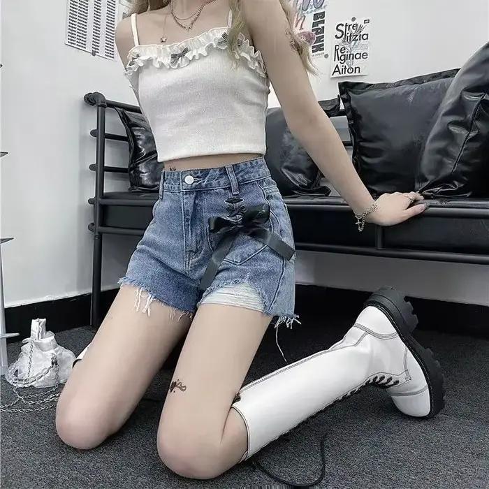 Classique Bow taille haute court Jean pantalon femme nouveau dans décontracté jegging chaud extensible à porter Harajuku mode Denim Shorts pour les femmes