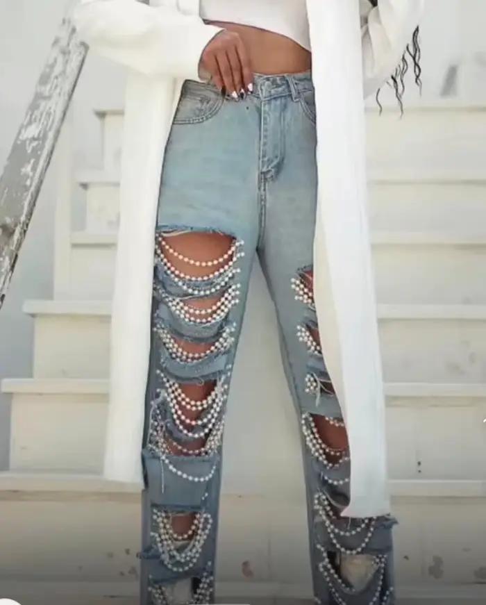 Beachapche-Jean Droit en Coton pour Femme