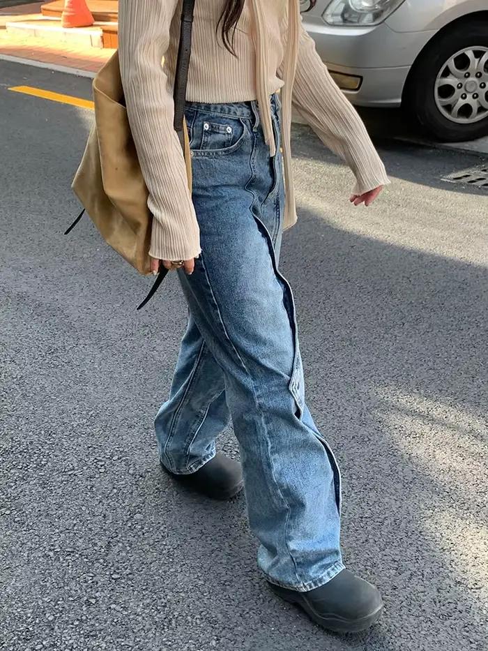 Jean à jambe droite au design irrégulier avec un look de pantalon à jambes larges vintage pour papa de style