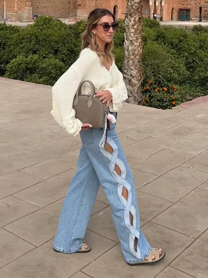 Jean droit en denim bleu pour femme