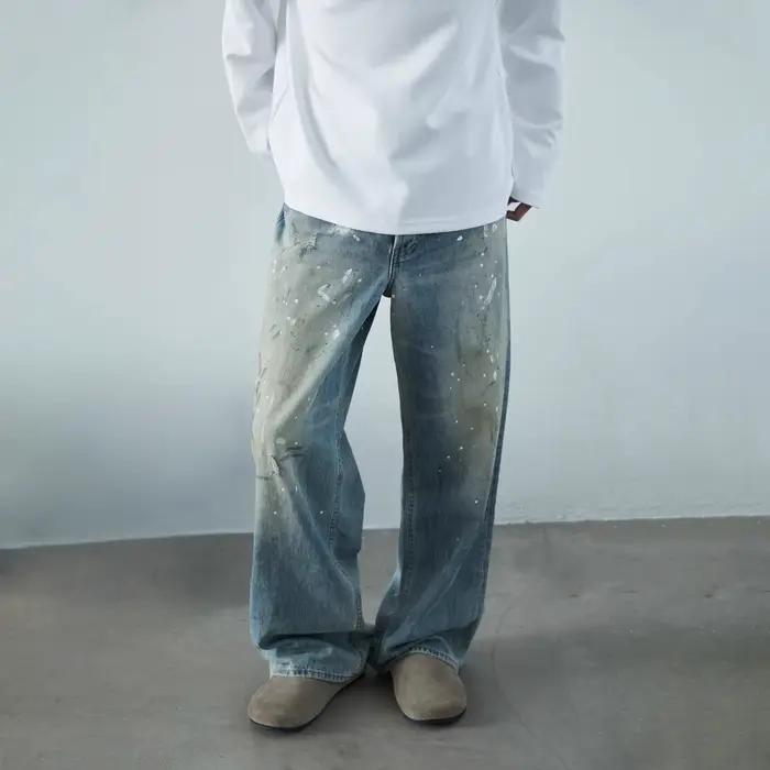 Jean rétro décontracté homme, délavé à l'encre, jambes larges, moderne, four seasons, style casual, zippered fly, soft material