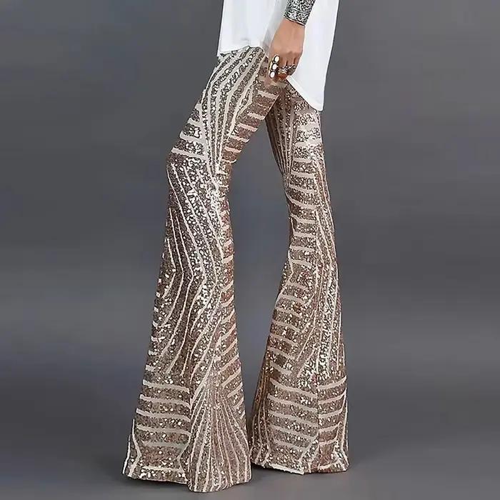 Paillettes taille haute pantalon évasé maigre Streetwear sauvage basique mince 2025 tendance Patchwork décontracté été