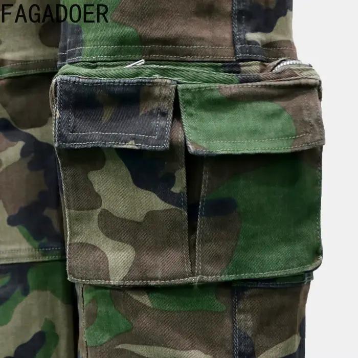 FAGADOER mode Camouflage Denim pantalon pour femme Cargo poche Patchwork