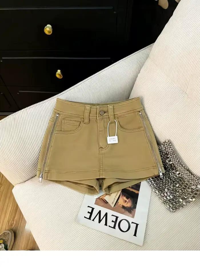 Jupe-short en jean taille haute kaki avec fermeture éclair